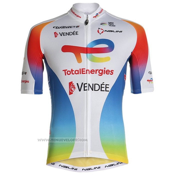 2021 Maillot Cyclisme Direct Energie Blanc Rouge Jaune Bleu Manches Courtes et Cuissard